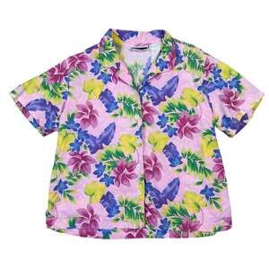 Vintage 90s Erika Petites Hawaiian Aloha Shirt Pink Hibiscus Palm Leaf Top Small